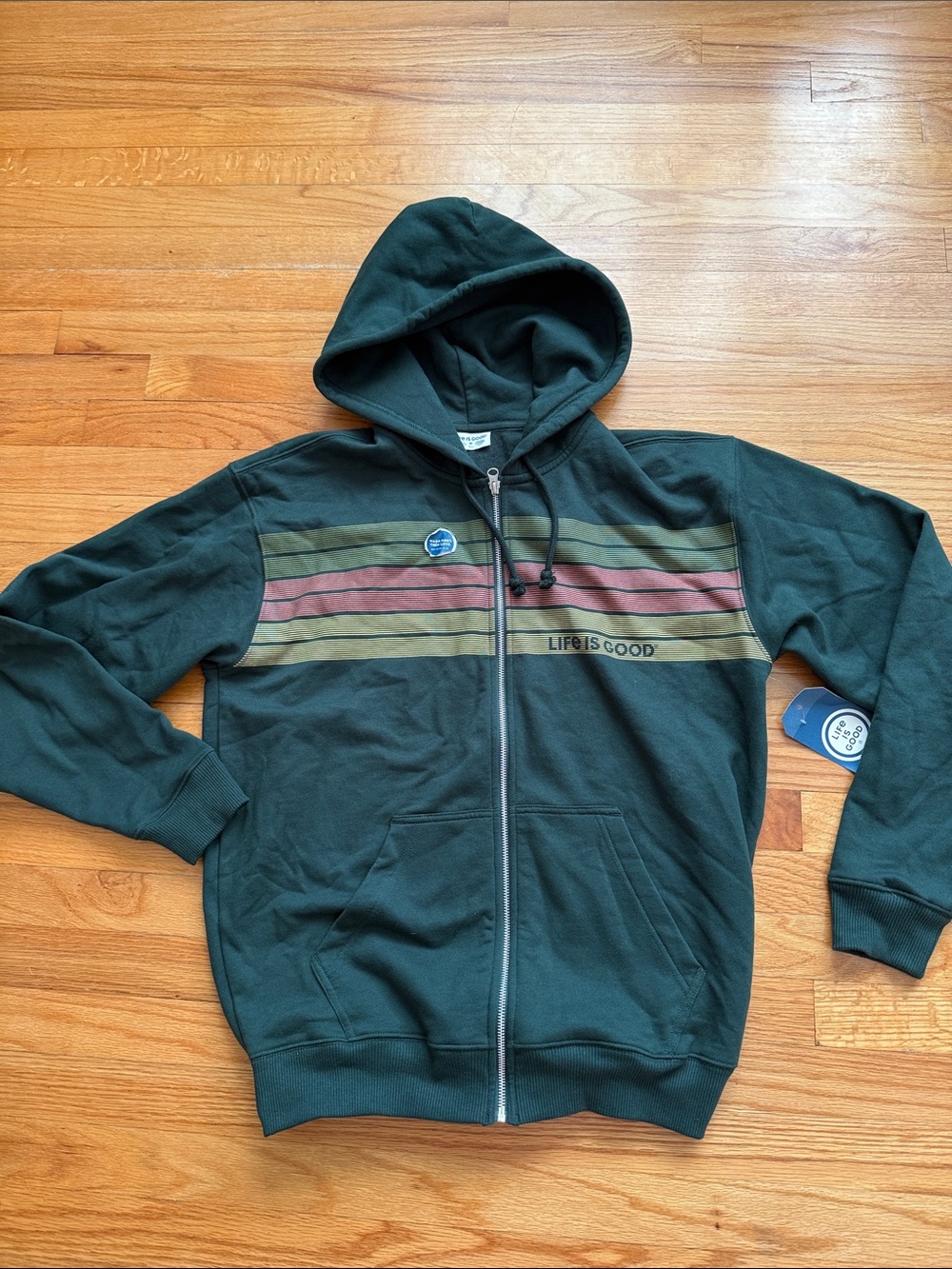 NEW Life Is Good Three Striped Block Good Vibes Fleece Zip Hoodie Men's M Green
